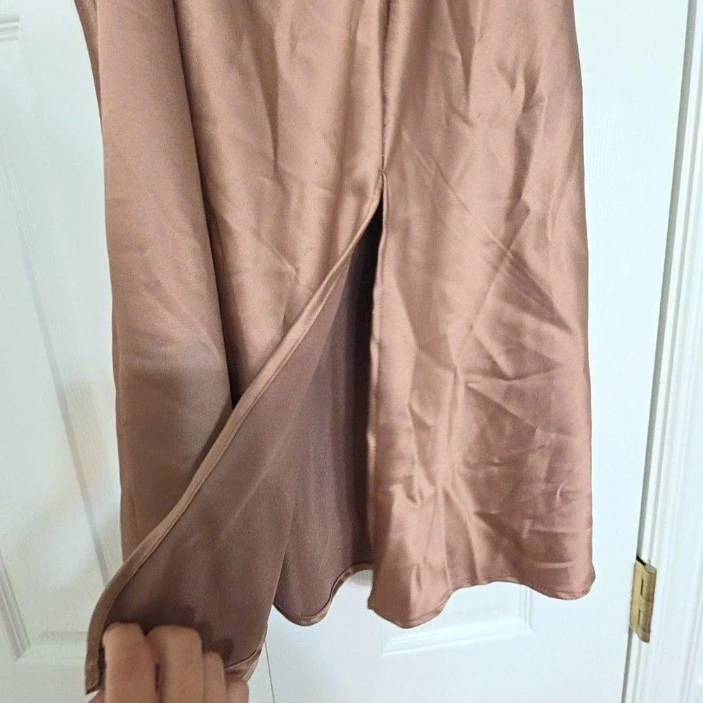Altar'd State Skirt Womens L Brown Satin A-Line Midi Front Slit Stretch Pull On